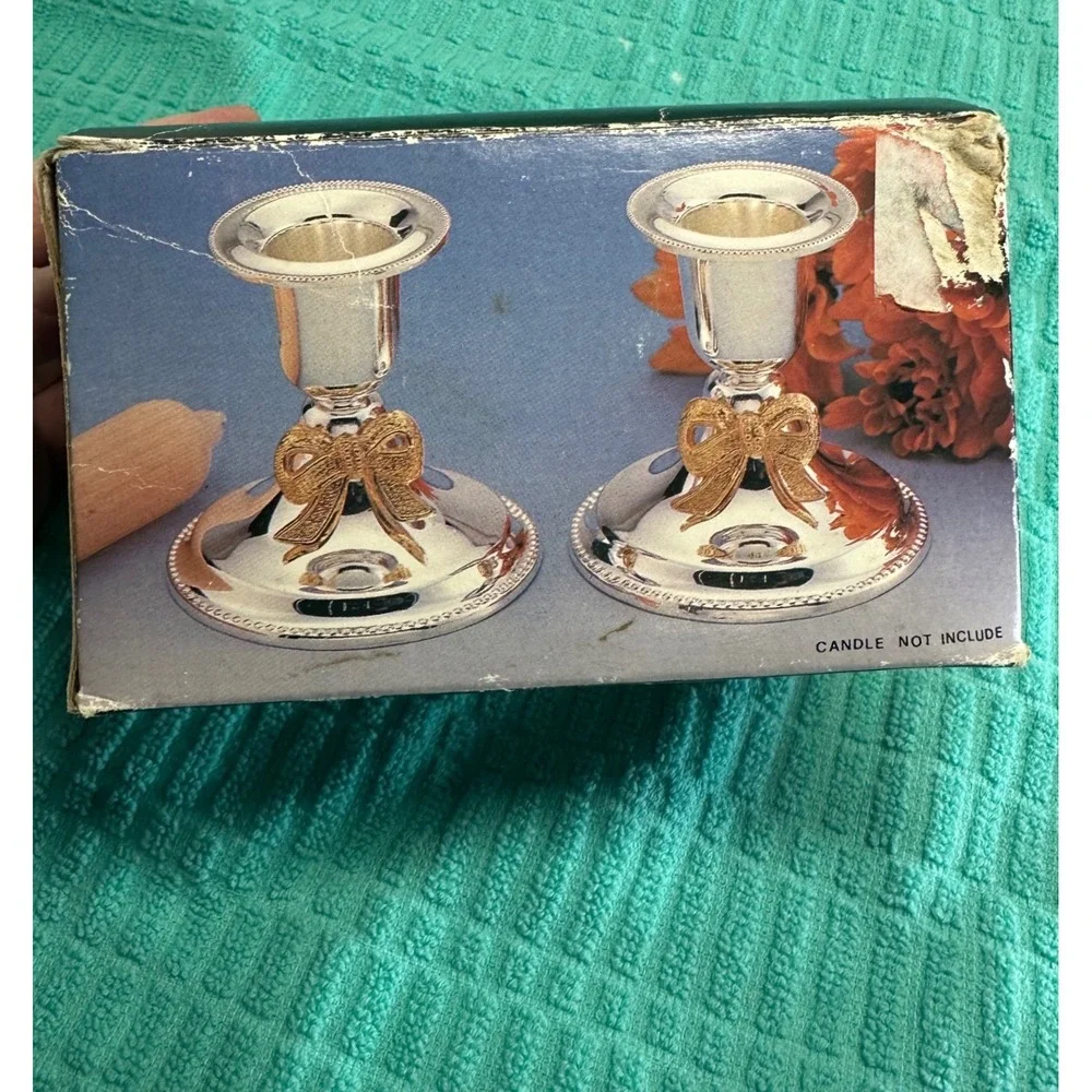 Vintage Silver Tone Bow Candlestick Holders Set of 2 Beaded Trim Weighted‎ Base